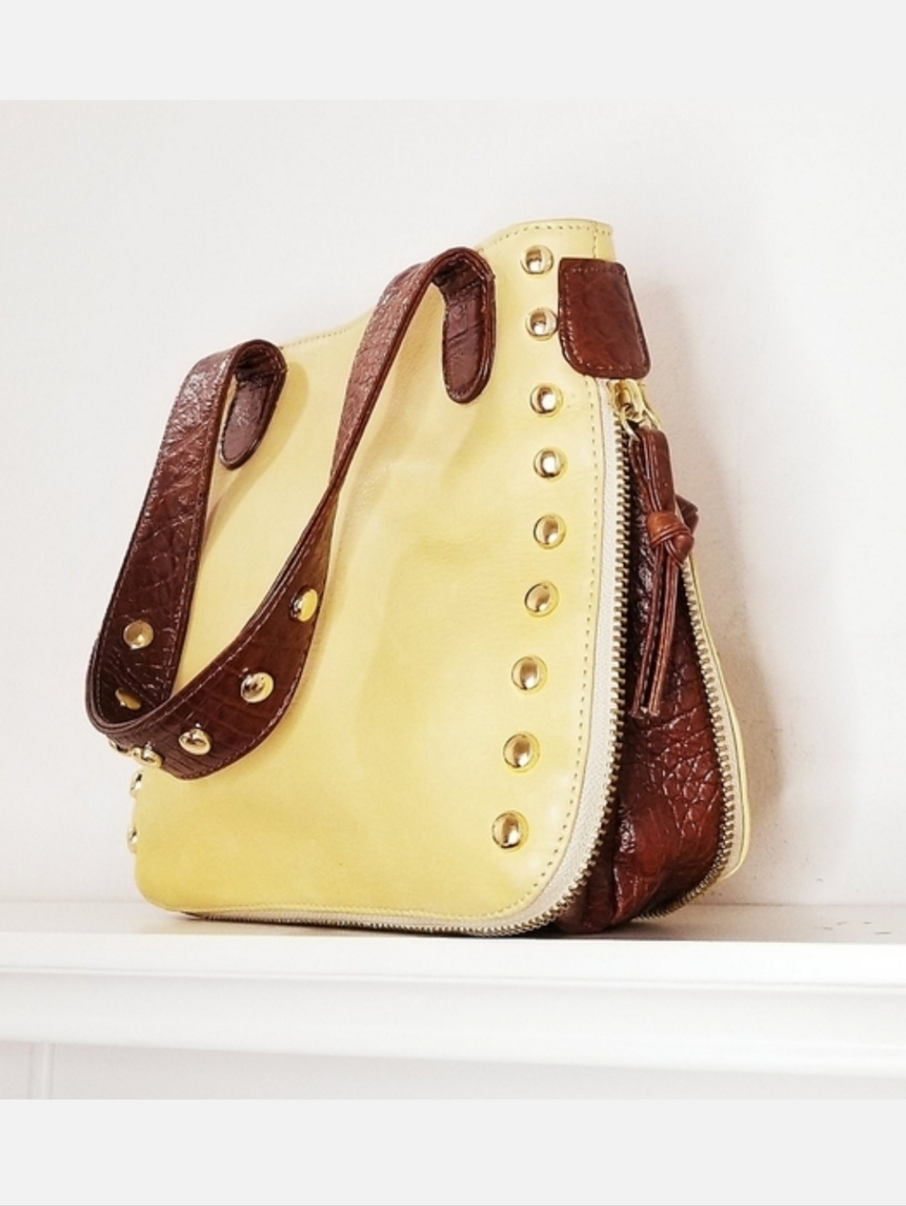 Zina Eva Mini Dante Saddle Leather Handbag Yellow & Brown Boho Chic